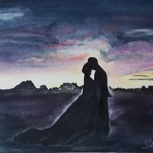 Original Watercolour Painting. 'Romantic Sunset'. Passionate Scene. Colourful gift idea.