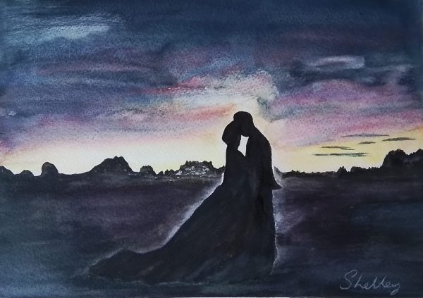 Original Watercolour Painting. 'Romantic Sunset'. Passionate Scene. Colourful gift idea.