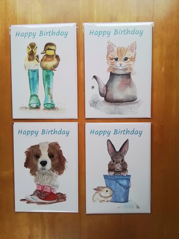 Pack of 4x A5 size Birthday Cards - Greeting on front of card 'Happy Birthday' - Inside left blank for own message.