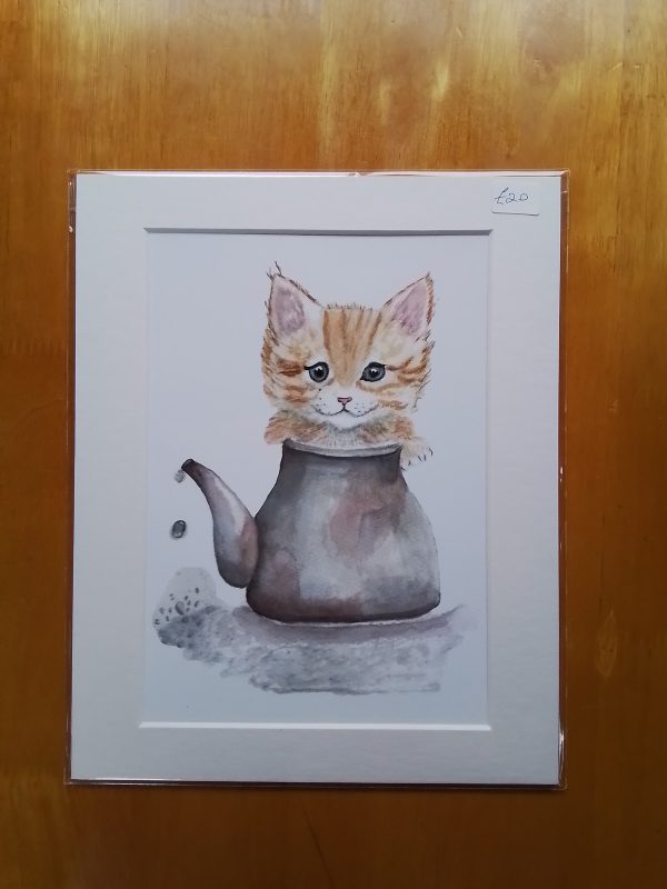 Kitty Teapot. 8"x10" mounted print from my own original watercolour design. Unique artwork.