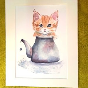 Fine Art Print. Kitty Teapot. 8"x10" Mounted. Design taken from my own original watercolour painting. Unique artwork.