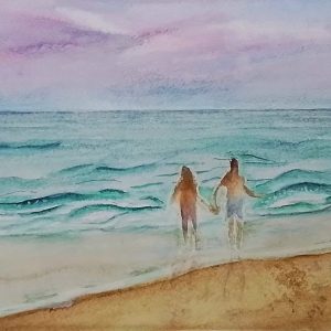 Original Signed Watercolour Painting 'Beach Vibes' Couples Seascape.