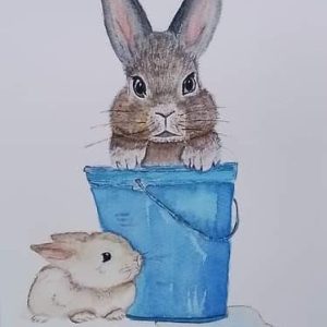 Original Signed Watercolour Painting 'Bunny Bucket'. Cute animal Art. Handpainted.