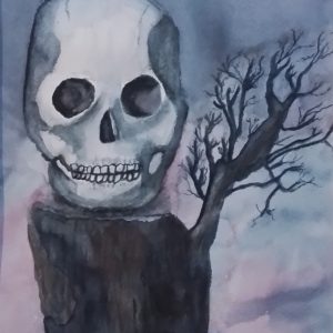 Original Signed Watercolour Painting 'Skull Tree'. Spooky realistic Skull. Unique. Colourful Art.