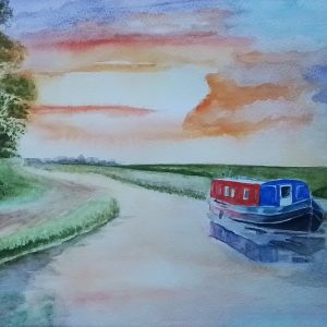 Original Signed Watercolour Painting 'As the Sun Sets' Canal boat scene at Sunset.