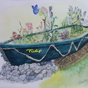 Original Signed Watercolour Painting of 'Tulip' a lovely boat planter in a Countryside Garden at Brinklow, Rugby