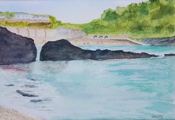 Original Handpainted Watercolour Seascape 'Hele Bay' Ilfracombe, Devon. Rocky view and beach.
