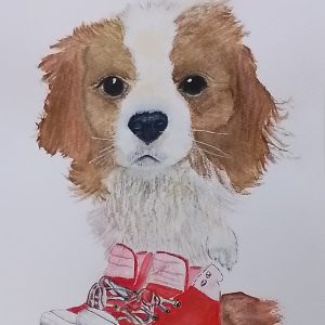 Original Signed Watercolour Painting 'Puppy in Pumps'. Cute animal Art. Handpainted.