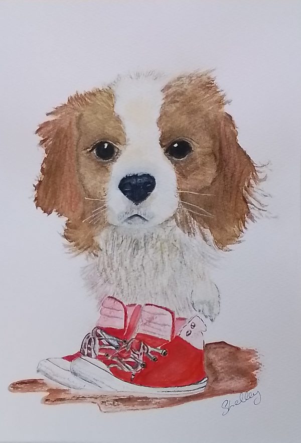 Original Signed Watercolour Painting 'Puppy in Pumps'. Cute animal Art. Handpainted.