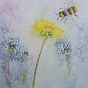 Original now Sold! but Prints will be available soon 'Buzzy Bee' Watercolour Painting. Dandelion Art. Unique.