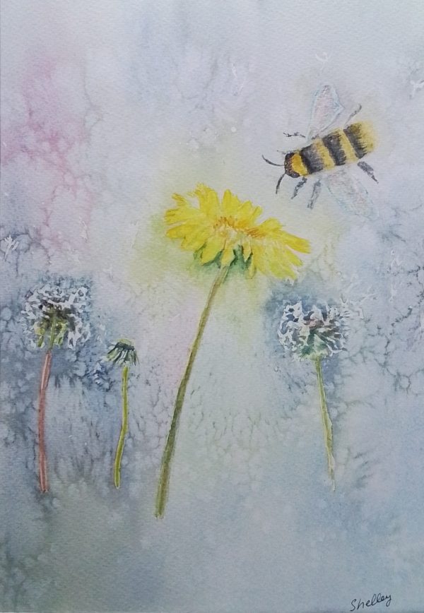 Original now Sold! but Prints will be available soon 'Buzzy Bee' Watercolour Painting. Dandelion Art. Unique.