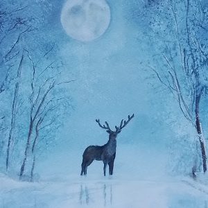 Original handpainted Watercolour! Christmas Winter Snowy Moonlit Landscape. Painting Title: Moon Frost.
