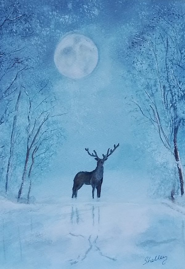 Original handpainted Watercolour! Christmas Winter Snowy Moonlit Landscape. Painting Title: Moon Frost.