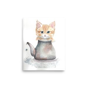 Handpainted design. Print taken from my own original watercolour painting. Cute Kitten in a Teapot.