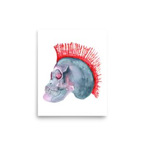 Punk Rock Print from my handpainted watercolour painting.  'Mowhawk Skull'.  From my original design. Skull Art. Punk Art.